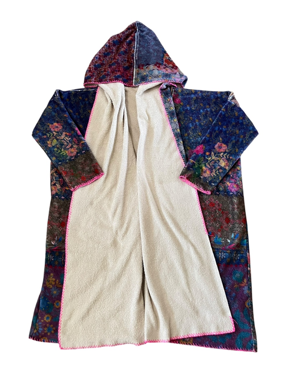 Natural Life Floral Patchwork Hooded Blanket Kimono Jacket Cozy Fleece S/M - Picture 12 of 13
